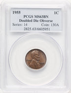 1955 Doubled Die Obverse BN Lincoln Cent PCGS MS63