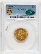 1854-O $3 CAC Three Dollar Gold Pieces PCGS AU58