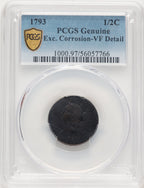 1793 1/2 C BN Genuine Half Cent Genuine PCGS VF20