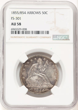 1855/54 50C Arrows Seated Half Dollar NGC AU58