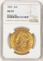 1855 $20 Liberty Double Eagle NGC AU55