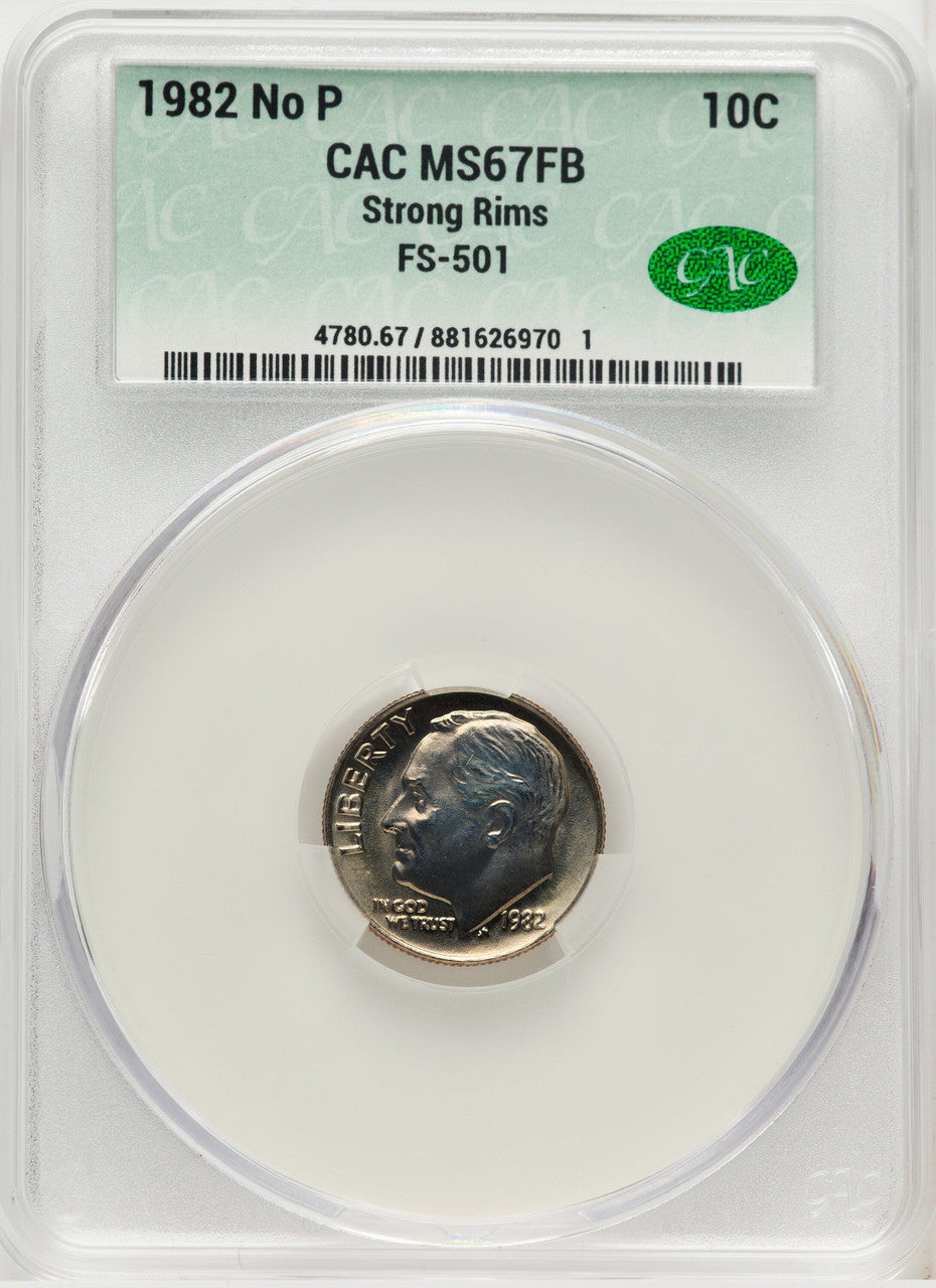 1982 10C No P Strong FS-501 Full Bands Roosevelt Dime CACG MS67