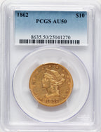 1862 $10 Blue Gradient Liberty Eagle PCGS AU50