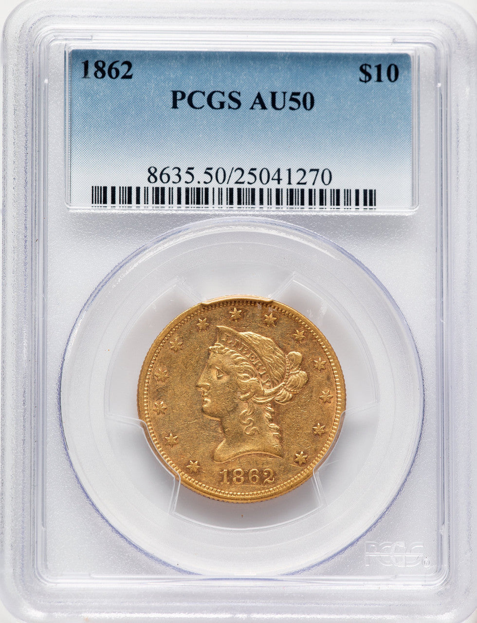 1862 $10 Blue Gradient Liberty Eagle PCGS AU50