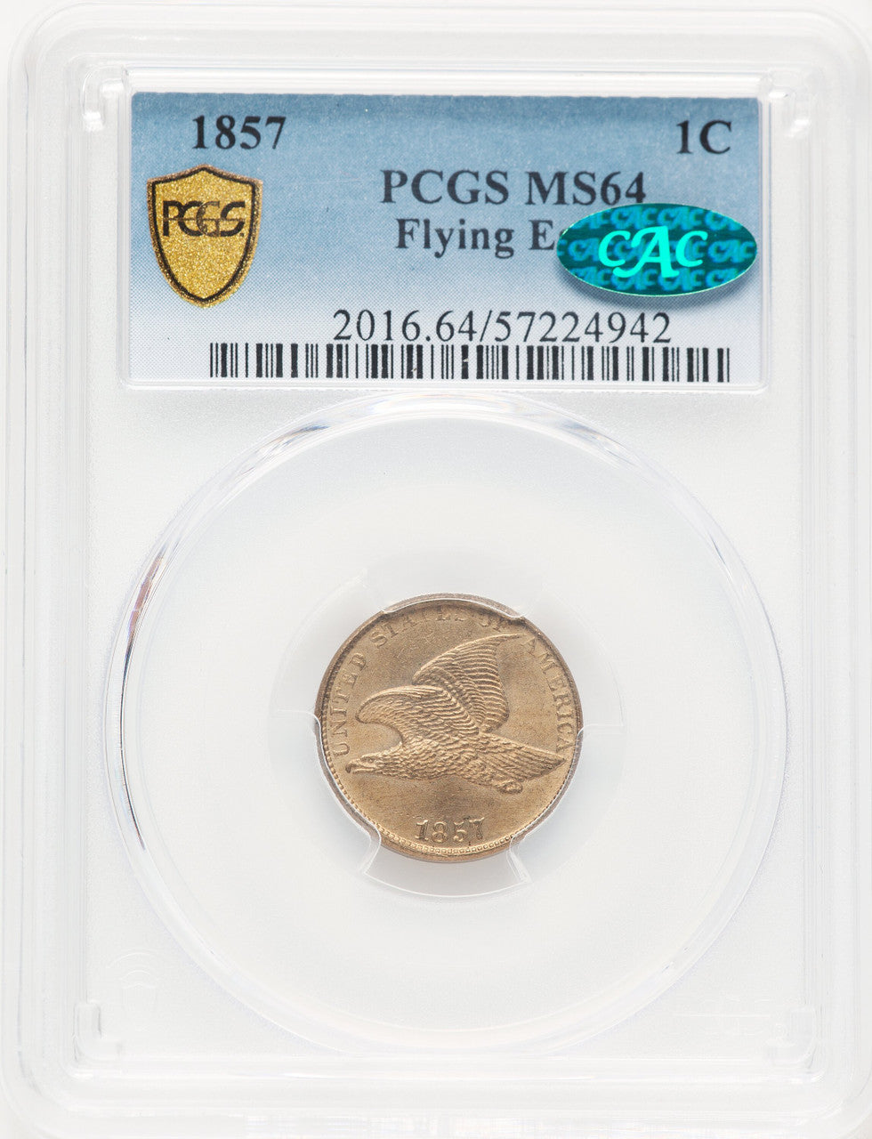 1857 1C CAC Flying Eagle Cent PCGS MS64