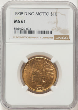 1908-D $10 NO MOTTO Indian Eagle NGC MS61