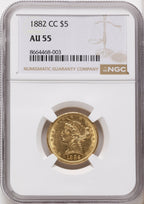 1882-CC $5 Brown Label Liberty Half Eagle NGC AU55