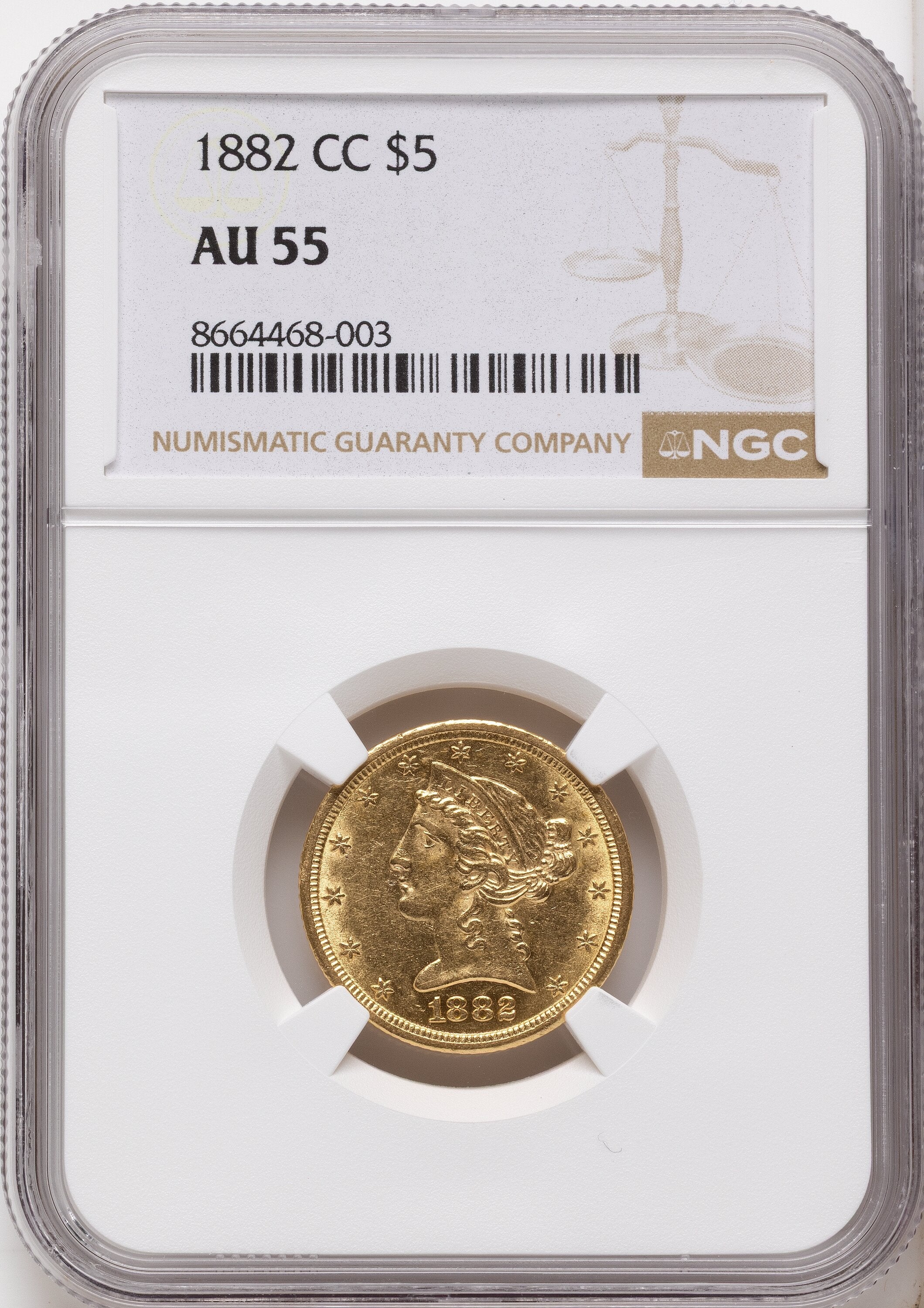 1882-CC $5 Brown Label Liberty Half Eagle NGC AU55