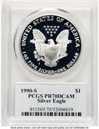 1990-S Proof Silver Eagle 1 oz TD Rogers PCGS PR70 (781017121)