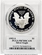 1992-S Proof Silver Eagle 1 oz TD Rogers PCGS PR70 (781017123)