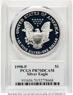 1998-P Proof Silver Eagle 1 oz TD Rogers PCGS PR70 (781017139)