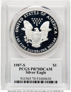 1987-S Proof Silver Eagle 1 oz TD Rogers PCGS PR70 (781017163)