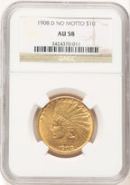 1908-D $10 NO MOTTO Indian Eagle NGC AU58 (781073015)