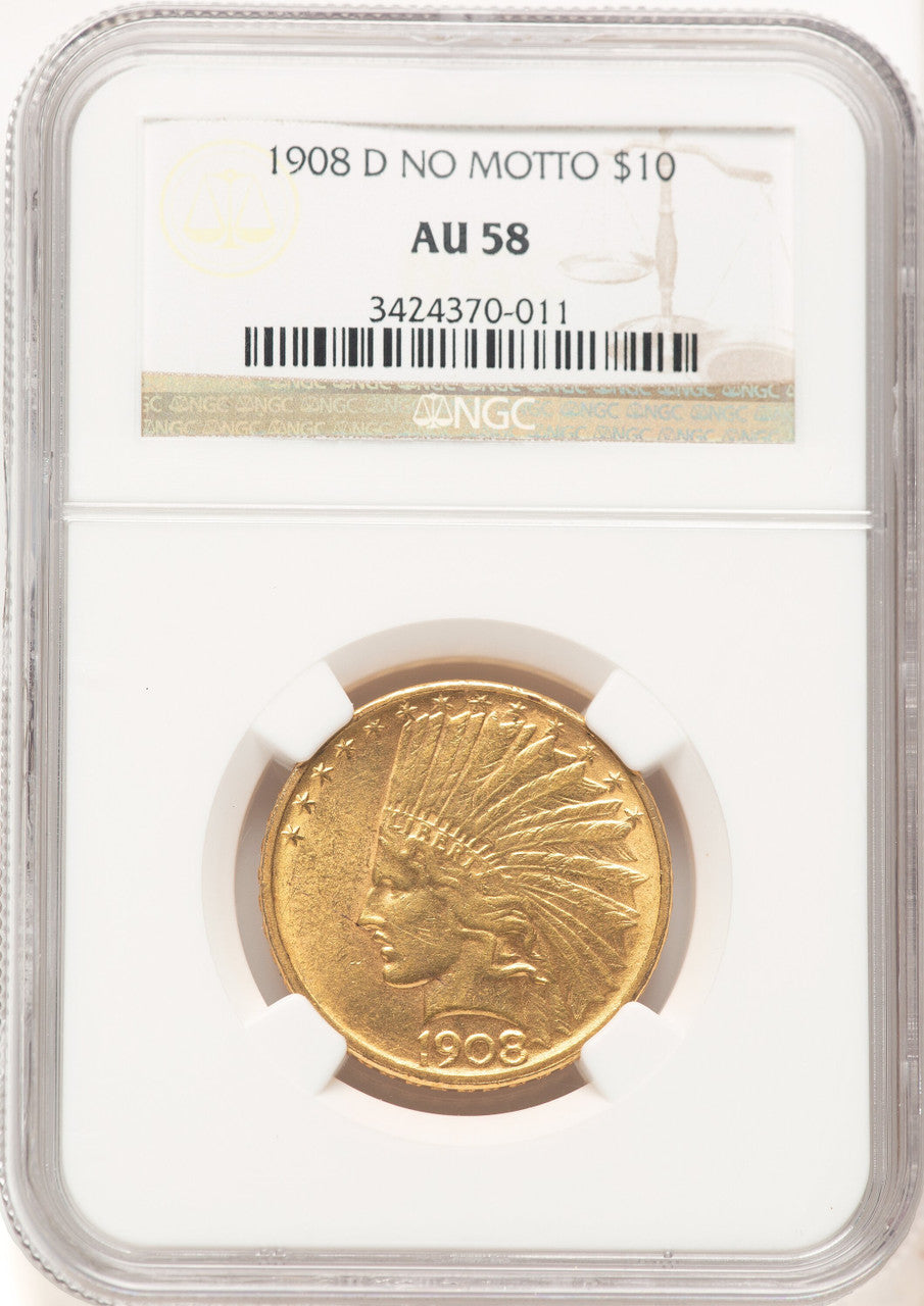 1908-D $10 NO MOTTO Indian Eagle NGC AU58 (781073015)