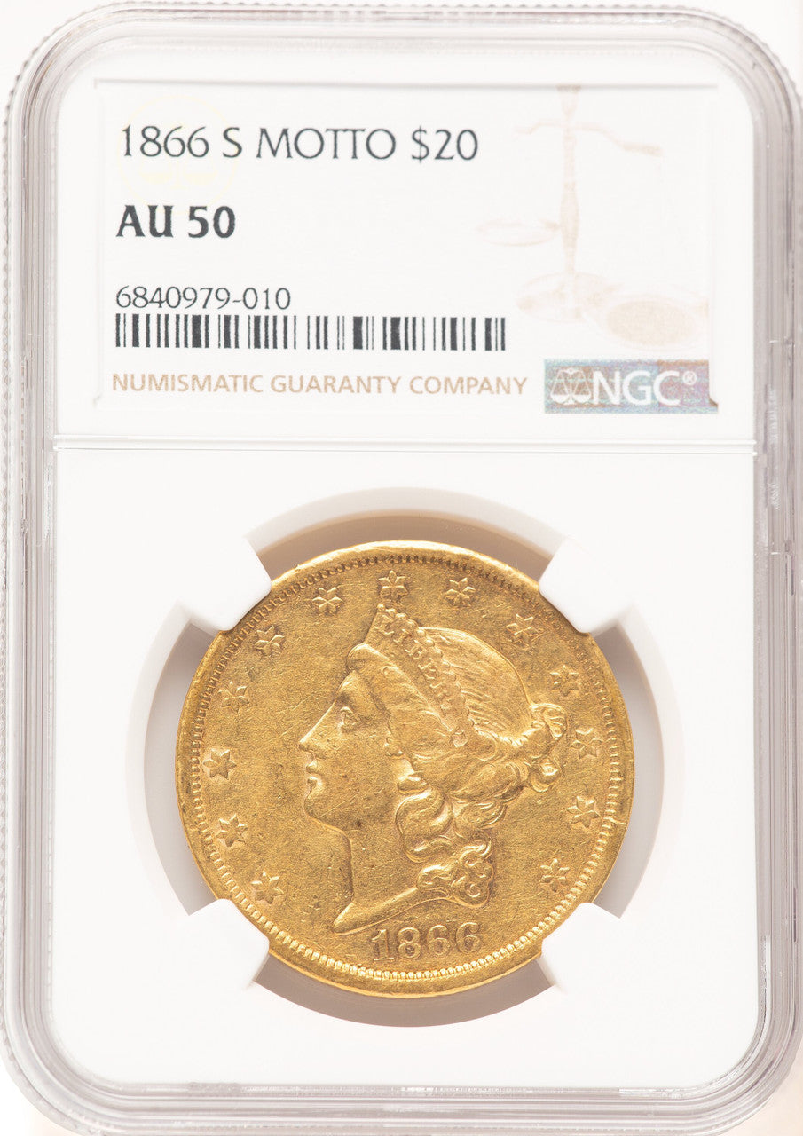 1866-S $20 MOTTO Liberty Double Eagle NGC AU50