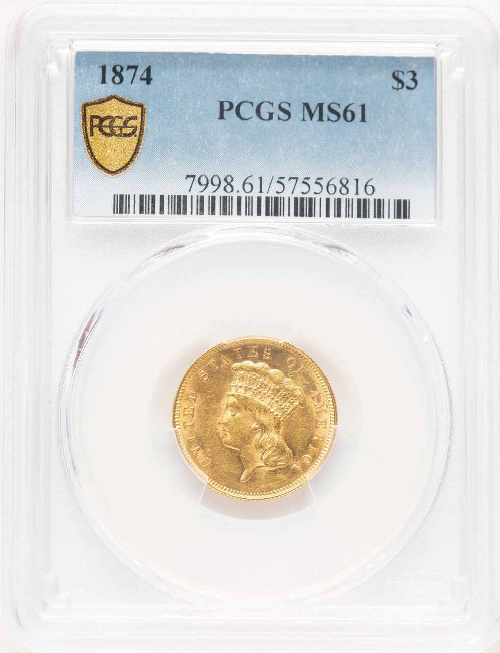 1874 $3 Three Dollar Gold Pieces PCGS MS61