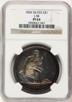 1836 Name Below Base Judd-58 Restrike Pollock-61 Low R.6 Gobrecht Dollar NGC MS64