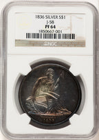 1836 Name Below Base Judd-58 Restrike Pollock-61 Low R.6 Gobrecht Dollar NGC MS64