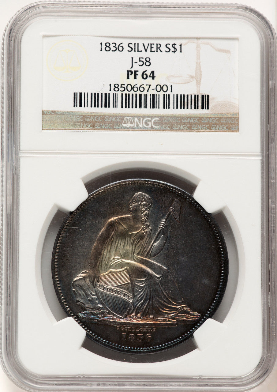 1836 Name Below Base Judd-58 Restrike Pollock-61 Low R.6 Gobrecht Dollar NGC MS64