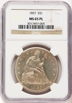 1857 $1 PL Seated Dollar NGC MS65