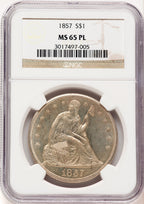 1857 $1 PL Seated Dollar NGC MS65