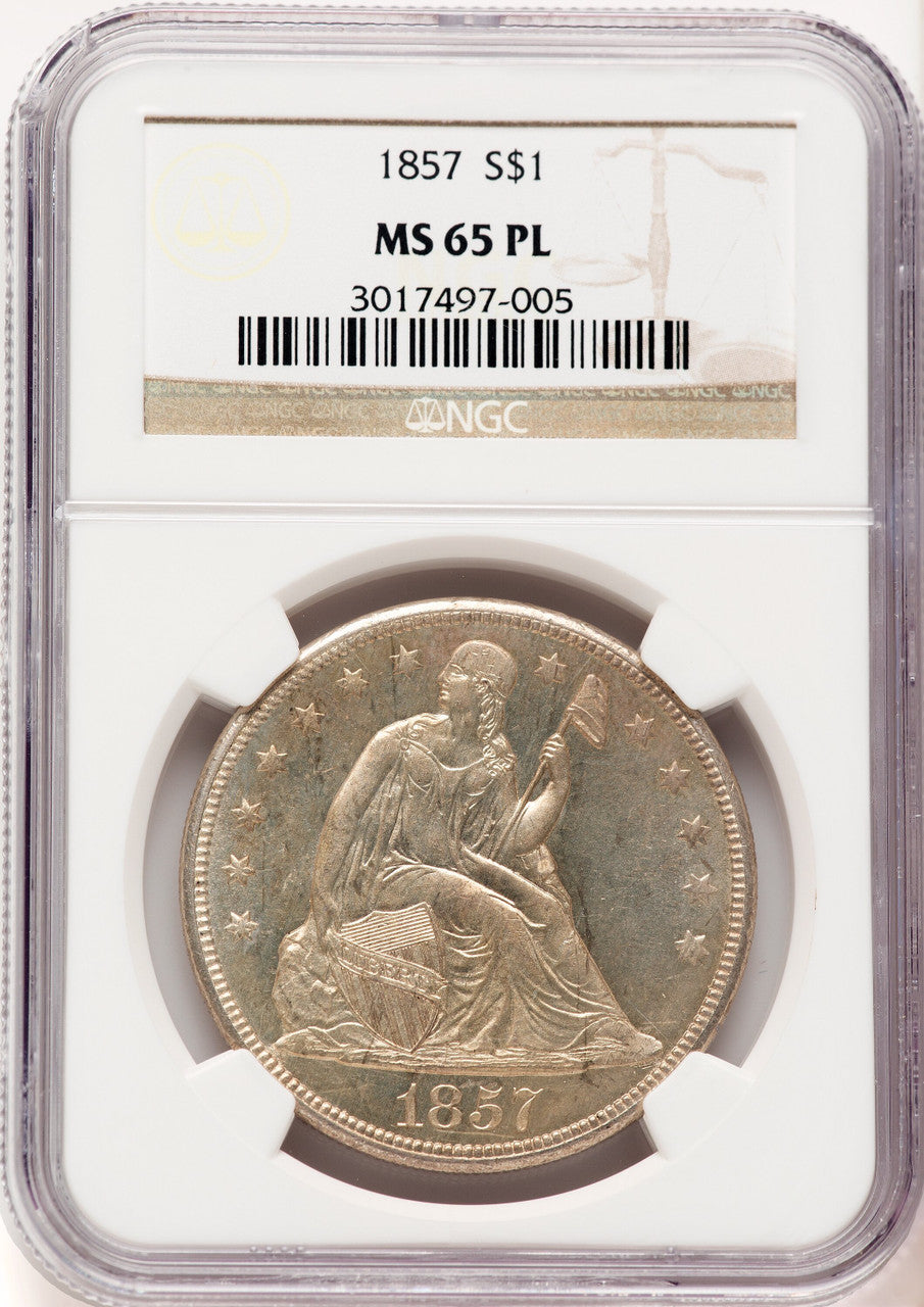 1857 $1 PL Seated Dollar NGC MS65