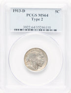 1913-D 5c Type Two Buffalo Nickel PCGS MS64 (781258002)