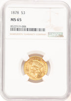 1878 $3 Three Dollar Gold Pieces NGC MS65 (781392009)