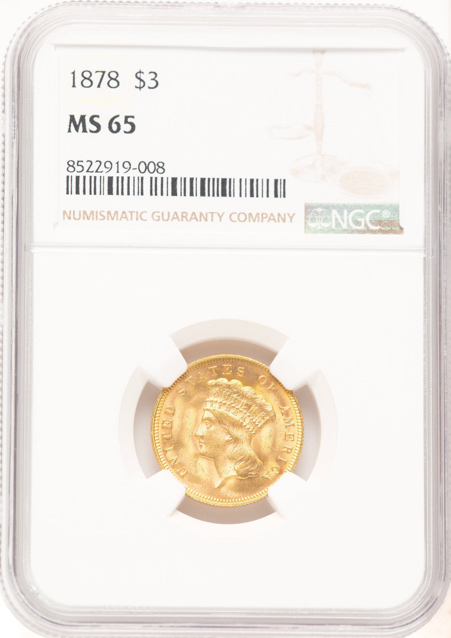 1878 $3 Three Dollar Gold Pieces NGC MS65 (781392009)