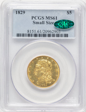 1829 $5 SM SIZE CAC Early Half Eagle PCGS MS61