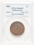 1846 1C Medium Dat BN Large Cent PCGS MS64