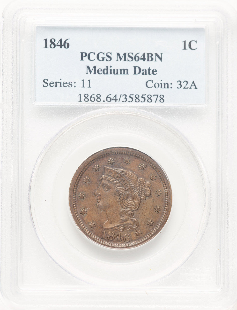 1846 1C Medium Dat BN Large Cent PCGS MS64