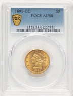 1891-CC $5 Liberty Half Eagle PCGS AU58 (781731042)