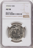 1918-D 50C Walking Liberty Half Dollar NGC AU58