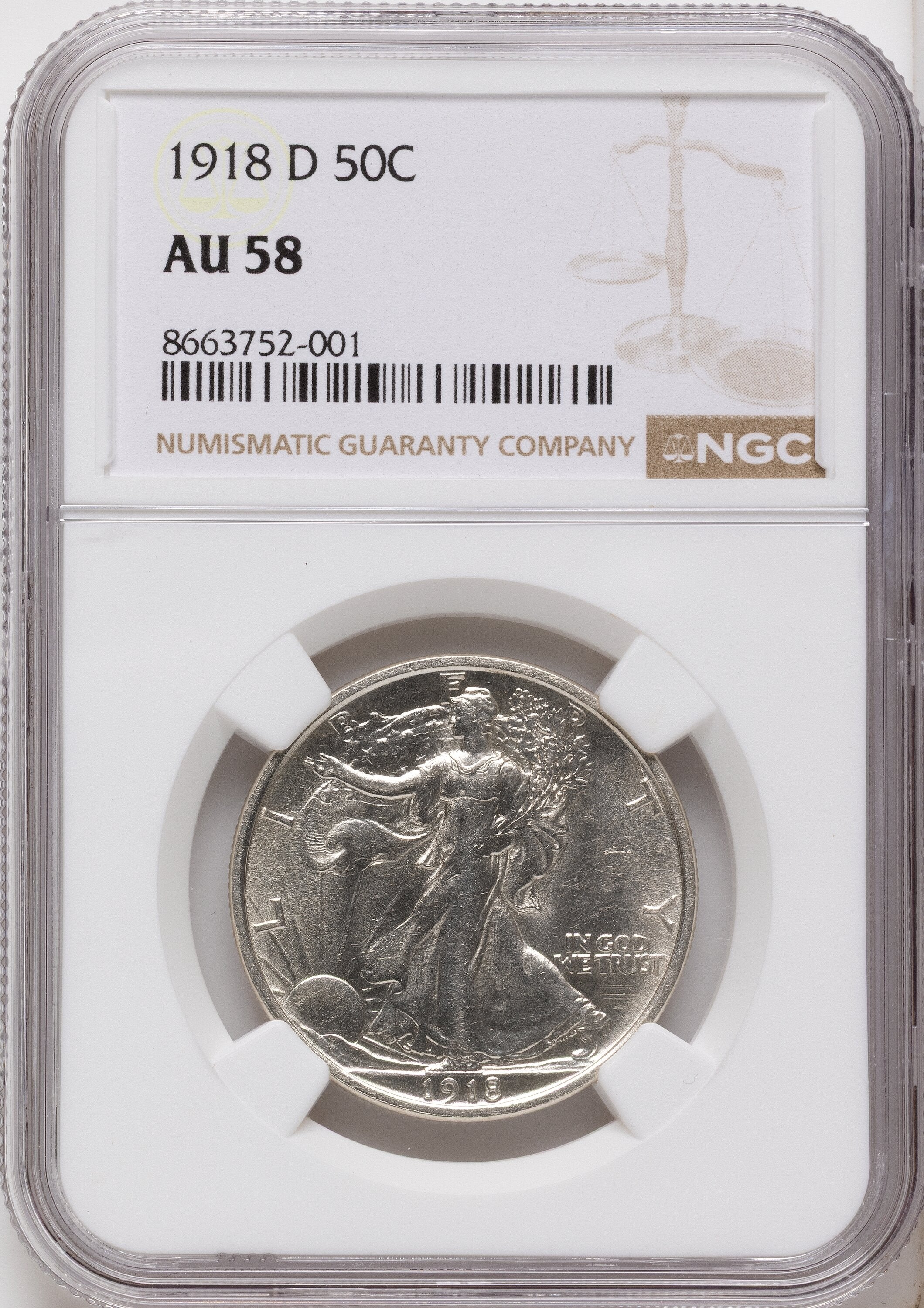 1918-D 50C Walking Liberty Half Dollar NGC AU58