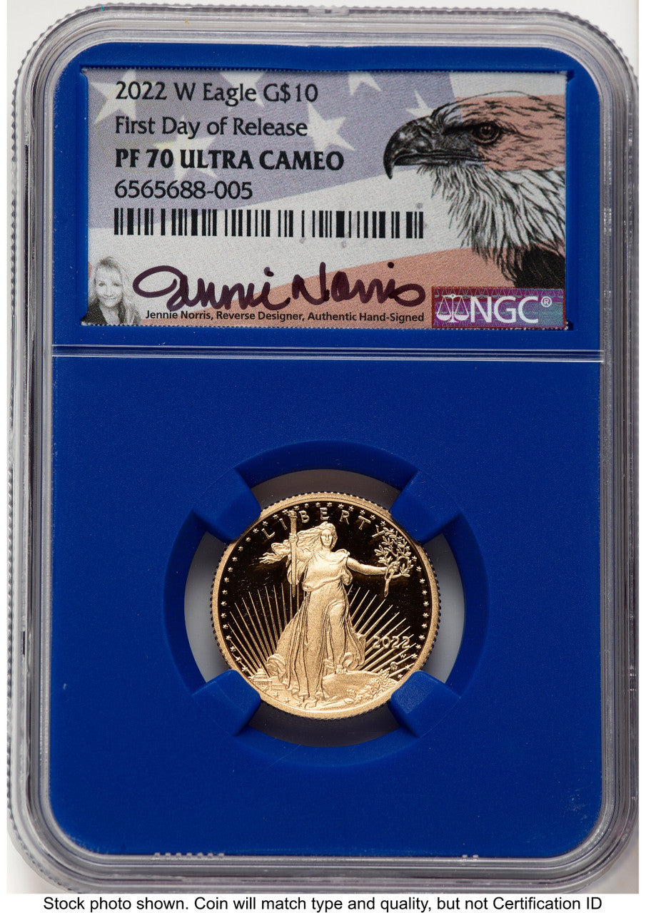 2022-W Proof Gold Eagle 1/4 oz FDR Jennie Blue Core NGC PF70 Norris