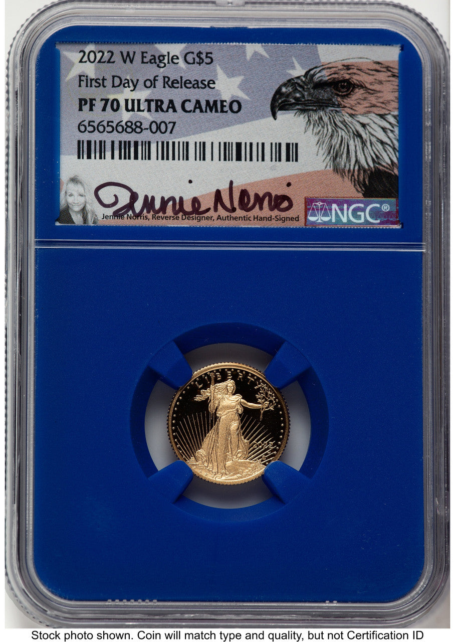 2022-W Proof Gold Eagle 1/10 oz FDR Jennie Blue Core NGC PF70 Norris
