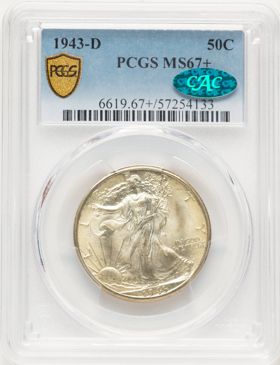 1943-D 50C CAC Walking Liberty Half Dollar PCGS MS67+