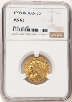 1908 $5 Indian Indian Half Eagle NGC MS63 (782214054)