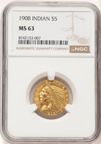 1908 $5 Indian Indian Half Eagle NGC MS63 (782214054)