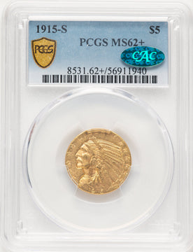 1915-S $5 CAC Indian Half Eagle PCGS MS62+