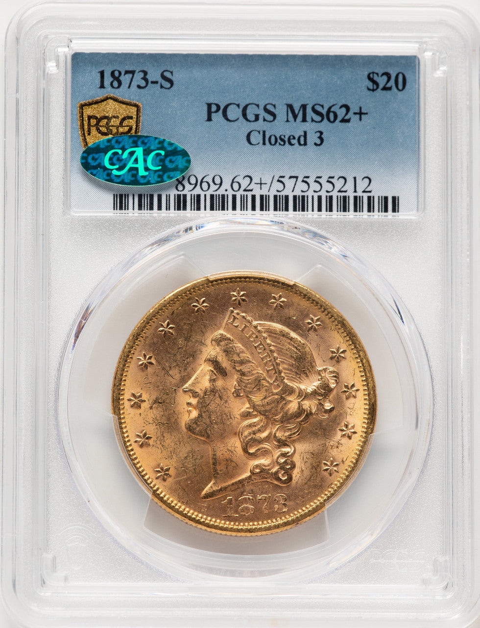 1873-S $20 Closed 3 CAC Liberty Double Eagle PCGS MS62+