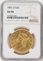 1852-O $20 Brown Label Liberty Double Eagle NGC AU58