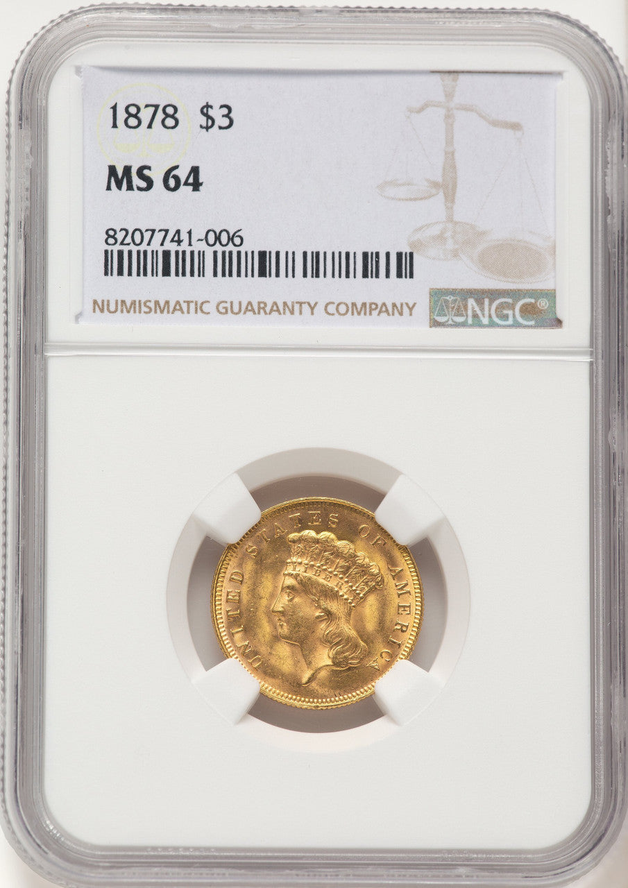 1878 $3 Brown Label Three Dollar Gold Pieces NGC MS64