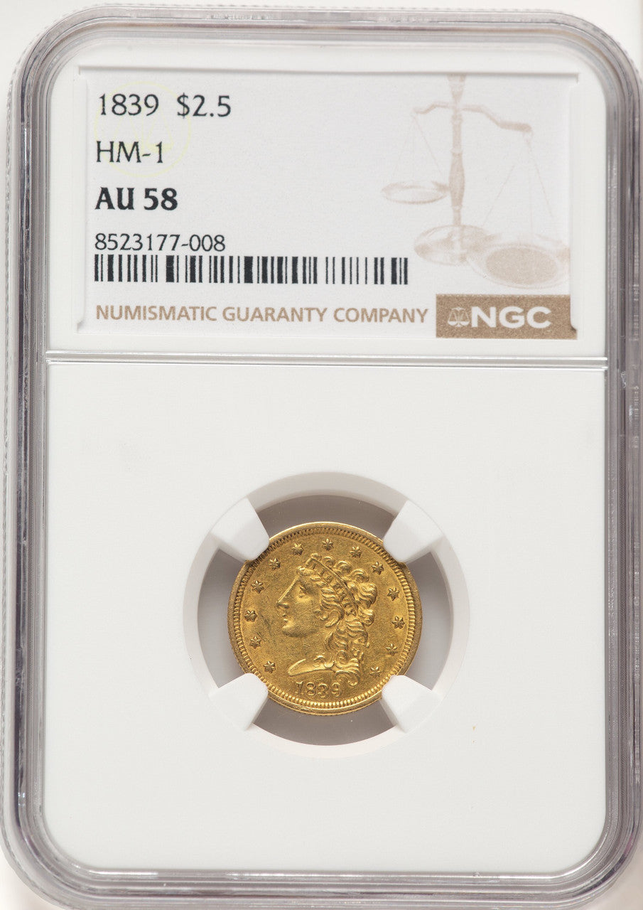 1839 $2.50 HM-1 Brown Label Classic Quarter Eagle NGC AU58