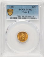 1854 G$1 Type Two Blue Gradient Gold Dollar PCGS MS63