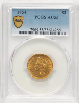 1854 $3 Blue Gradient Three Dollar Gold Pieces PCGS AU55