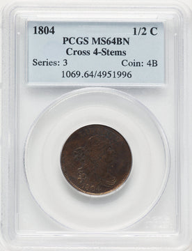 1804 1/2 C Crosslet 4 Stems BN Half Cent PCGS MS64