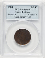 1804 1/2 C Crosslet 4 Stems BN Half Cent PCGS MS64