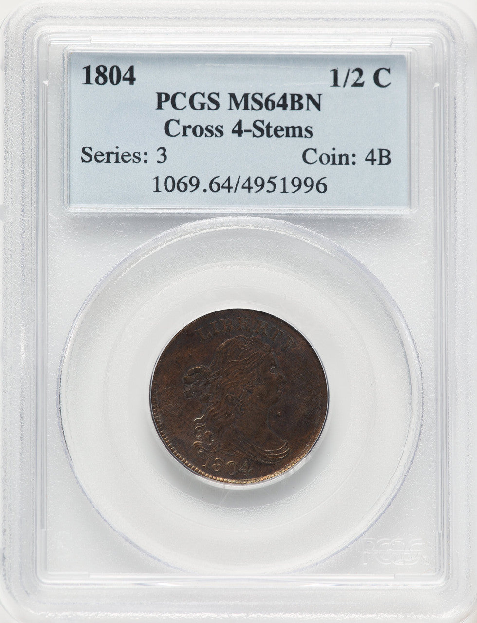 1804 1/2 C Crosslet 4 Stems BN Half Cent PCGS MS64